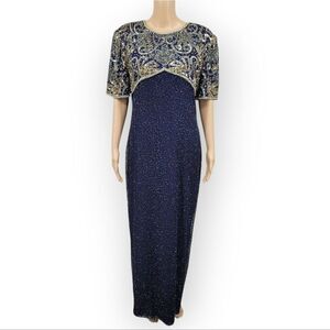Laurence Kazar Vintage Silk Beaded Navy and Gold Formal Evening Gown